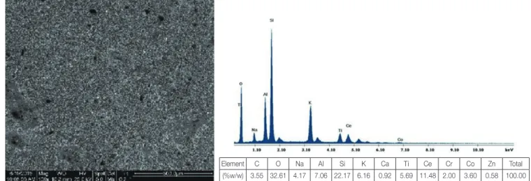 Fig. 7.  EDS of fractured surface on the metal substrate of test group after three-point bending test.