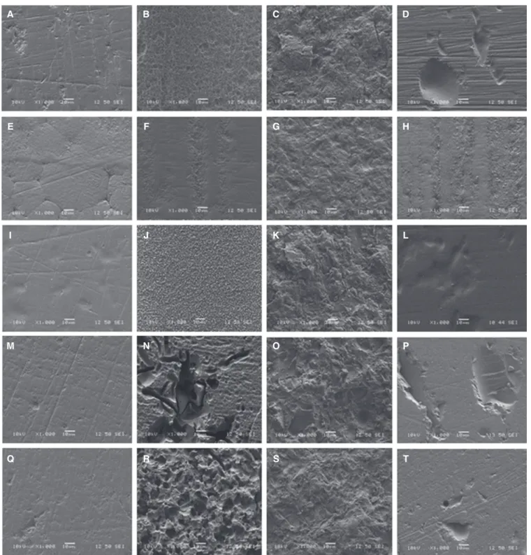 Fig. 3.  SEM images of tested groups. (A) SEM images of Group A (polished), (B) SEM images of Group A (HF etching),  (C) SEM images of Group A (50 µm Al 2 O 3  sandblasting), (D) SEM images of Group A (Er, Cr: YSGG laser), (E) SEM images  of Group B (polis