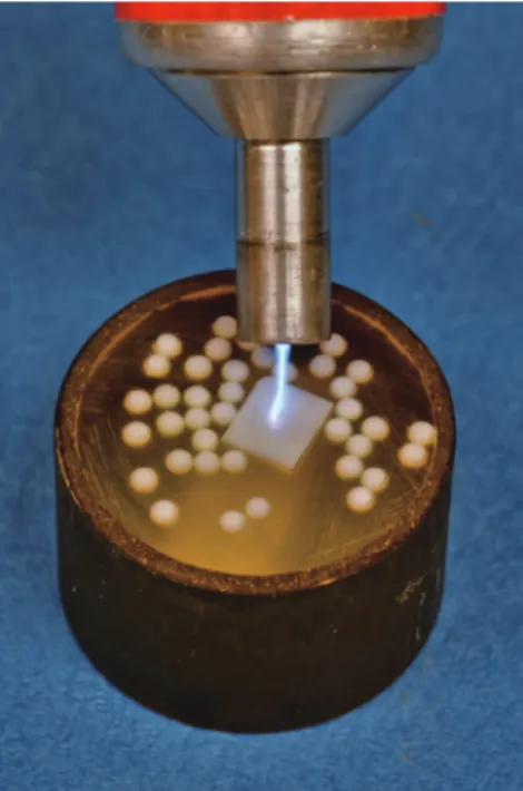Fig. 1.  Plasma activation of the surface of an embedded  zirconia specimen previous to adhesive treatment.