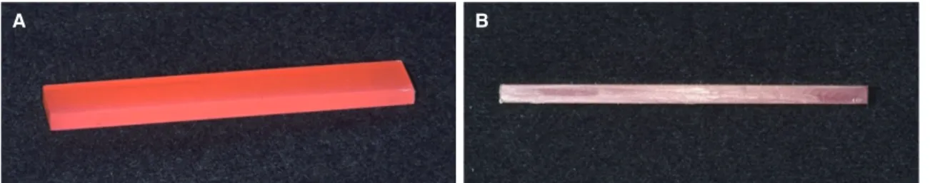 Fig. 2.  Specimens for flexural strength testing. (A) Denture base resin with dimensions of 64.0 × 10.0 × 3.3 mm