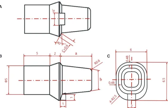 Fig. 1 shows the assembly drawing of  the specimen used in  this experiment, and Fig. 2 shows both the 3-dimensional  design and the fabricated abutment (height: 6 mm;  conver-gence angle: 8°)