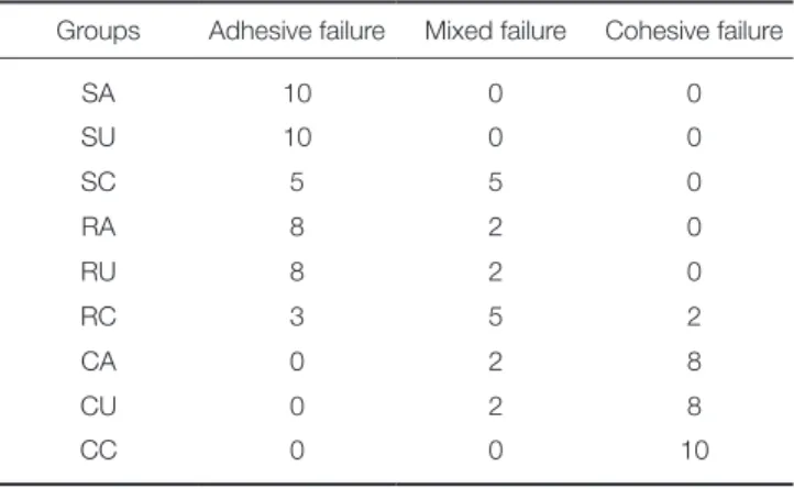 Fig. 6.  FE-SEM images and dominant failure modes of specimens after measuring shear bond strength