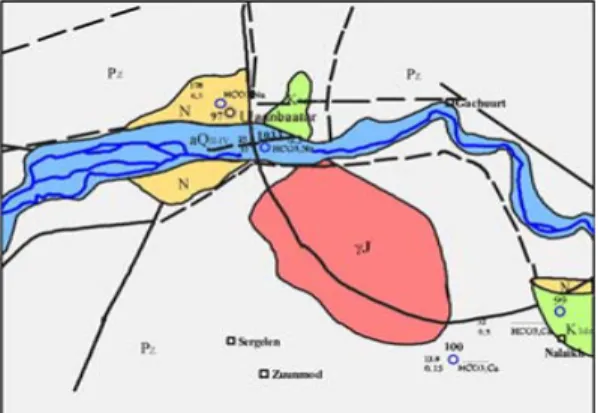 Fig.  1  Map  showing  study  area  and  location  of  observation  wells  in  Ulaabaatar  area.