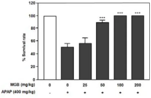 Fig.  1.    Effect  of  Myngganbo  (MGB)  extract  on  acetaminophen  (APAP)-induced  mortality  rate  in  mice