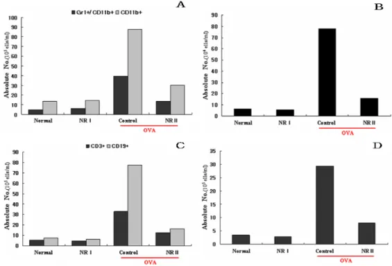 Fig.  3.  Effect   of   NR  extract  on  CD3  and  CD19  cell  number  in  OVA-induced  asthmatic mouse  lung