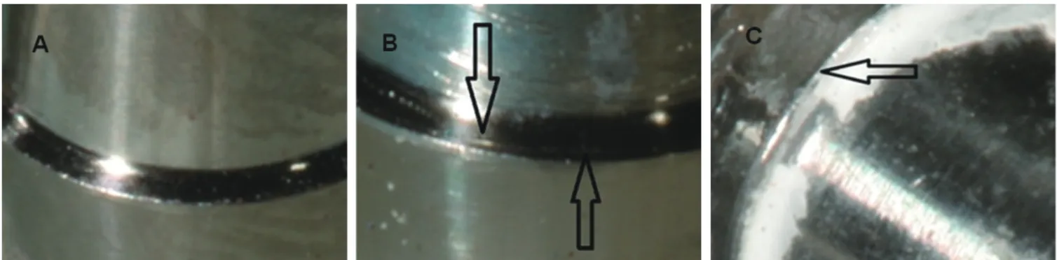 Fig. 5.  Views of the margin area of Esthetic abutments after cyclic loading (Not magnified: (A) Group 1 before loading,  (B) Group 1 after loading, and (C) Control after loading)