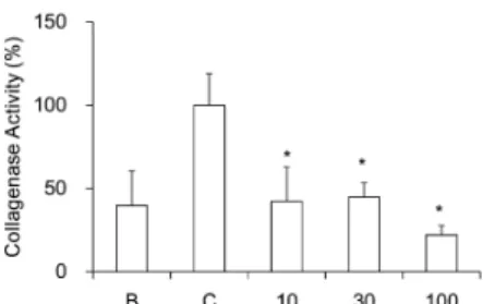 Figure  3.  Effect  of  AGR  on  collagenase  activity  in  human  fibroblast  cells.  B:  blank,  distilled  water  treated  group  without  UVB  irradiation
