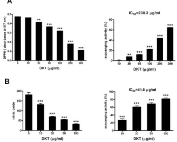 Figure  2.  Scavenging  activities  of  DKT  methanol  extract  on  free  radicals.  (A)  Scavenging  activity  on  DPPH  radical