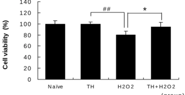 Fig.  3.  Protective  effects  of  TH  against  oxidative  stress  induced  by  hydrogen  peroxide  in  HACAT  keratinoctye  Cells  were  attached  in  plate,  then  TH  was  pre-treated  for  24hr