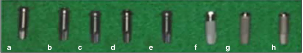 Fig. 1. Eight fixtures with differently treated implant surface. From left; a. Machined surface, b