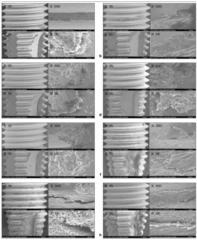 Fig. 6. Scanning electron microscopy of removed implant surfaces. a. Machined surface