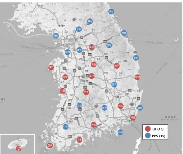 Figure 1. LX-PPS GNSS permanent stations in South Korea 로 현재 측량분야의 주요 장비로 활용되고 있다. 이 논 문에서는 LX국토정보공사와 ㈜피피솔에서 공동 구축 한 GNSS 상시관측소를 LX-PPS GNSS 상시관측소로  칭한다