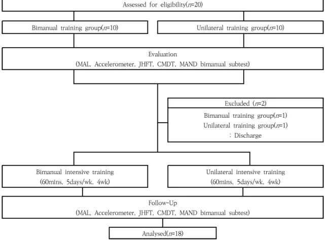 Figure 1. Flow Diagram Describing the Study Procedures2. 연구 설계2014년 10월부터 2015년 8월까지 총 20명을 대상으로  진행하였으며  중도  퇴원한  환자 2명을  제외하고 사전-사후 평가가 완료된 18명의 평가 결과가 반영되었다