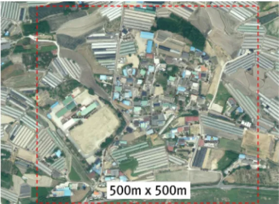 Figure 2. Study area (500m X 500m)항공영상의 수치도화 면적 비교 시 평균 8.2㎡를 나타냈다. 하정이(2017)는 지적확정측량에 정사영상을 적용하여 지적확정측량 성과검사 가능 여부를 확인하기 위해 정사영상에서 독취한 지적도근점 좌표 및 경계점 좌표를 지상측량에서 취득한 좌표와 비교하였다