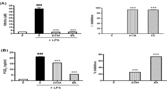 Fig. 5. Inhibition of LPS-induced NO and PGE2 production by DCM and EA extracts.