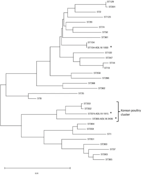 Fig.  1.  Phylogenetic  tree  of  different  Pasteurella  multocida  sequence  type.  The  concatenated  DNA  sequences  of  7  housekeeping  genes  were  analyzed  based  on  Neighbor-joining  method  with  1,000  bootstrap  replicas