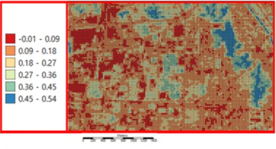 Figure 2 shows the spatial distribution pattern  of NDVI values. As can be seen from the figure,  vegetation  density  was  high  in  the  eastern  and 