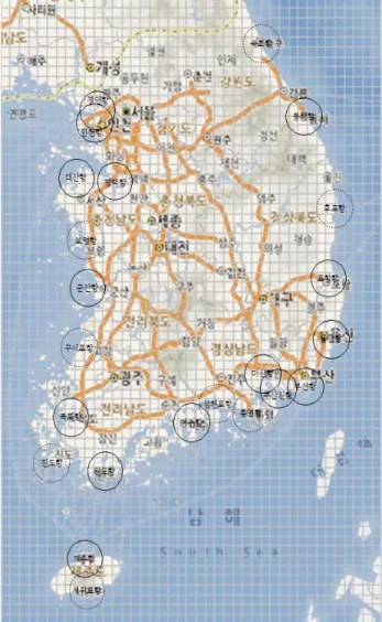 Figure 2. A map considered for VTS installation that are partitioned by 6 × 6 NM cells (Ports surrounded by solid line mean the current VTSs with their control areas, and the ones  surrounded by dotted line mean the candidate VTS locations and their contro
