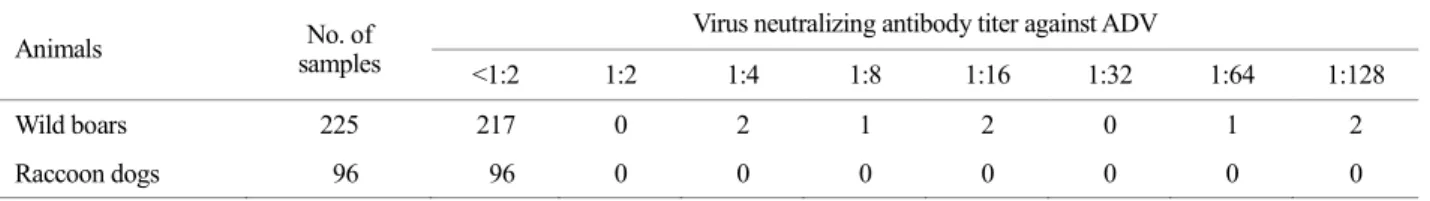 Table 1.  Seroprevalence rate of  ADV by neutralization  assay  in  blood samples of  wild boars and raccoon dogs 