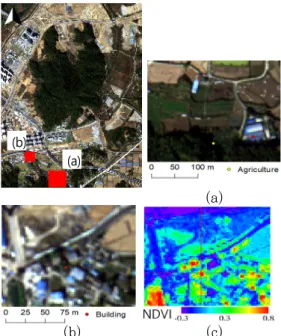 Figure  6.  Ground  truth  points  appeared  in  Table  2.  (a)  changes  from  agriculture  to  forest  (b) Changes from building to forest (c) NDVI