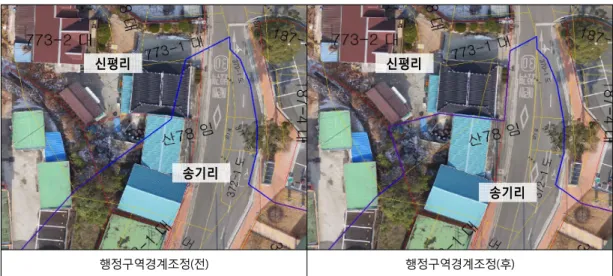 Figure 6. Administration boundary adjustment plan for 773-2 Sinpyung-ri and san 78 Songki-ri