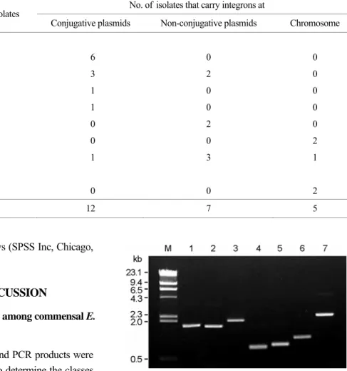 Figure 1. PCR amplification of  gene cassette regions of  class 1  and 2 integrons. Lane 1-6, class 1 integron carrying dfrA17-aadA5, dfrA1-aadA2, dfrA12-orfF-aadA2, dfrA5, dfrA7, and aadA1,  resp-ectively