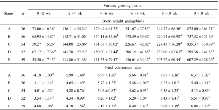 Table  4.  Body  weight  gain  and  feed  conversion  ratio  of  5  strains  of  layer  chickens  at  various  growing  period