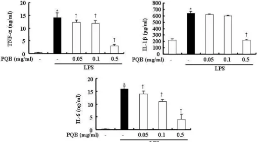 Fig. 4. Effects of PL extract on the productions of IL-1b, IL-6 and TNF-a in RAW 264.7 cells.