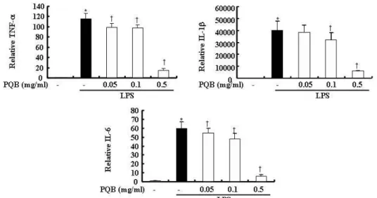 Fig. 5. Effects of PL extract on the mRNA expression of IL-1b, IL-6 and TNF-a.
