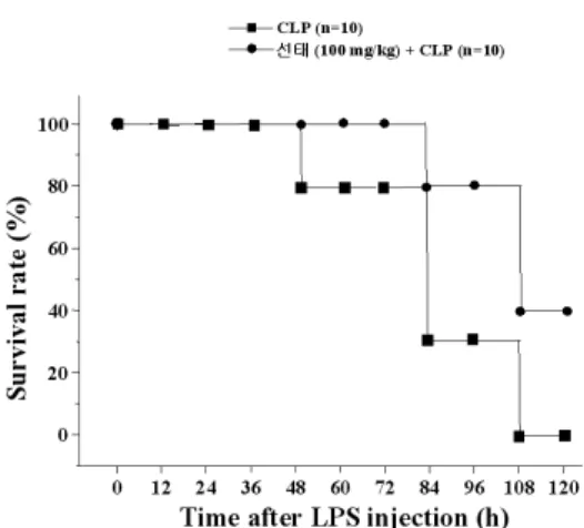 Fig. 7. Effect of CP on Survival Rate of Endotoxin Shock mice Treated with CLP. Mice were administrated orally with CP (100 mg/kg) for 5 days and then performed the CLP surgery