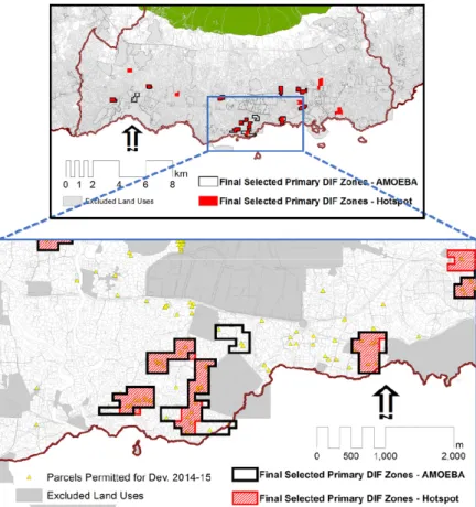 Figure  5. Closed-up  view of  the  most  dense primary  DIF  zones  in Seogwipo  Urban Area  selected  by  the  Hotspot  and  AMOEBA  methods on the 100m grids.