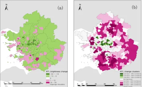 Figure  2.  NTL  brightness distribution  of 2013  (a) and 2016  (b)