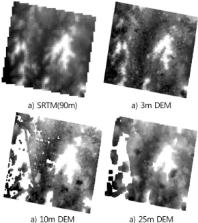 Figure  8.  DEM  results  of  each  resolution  and  SRTM HD mode
