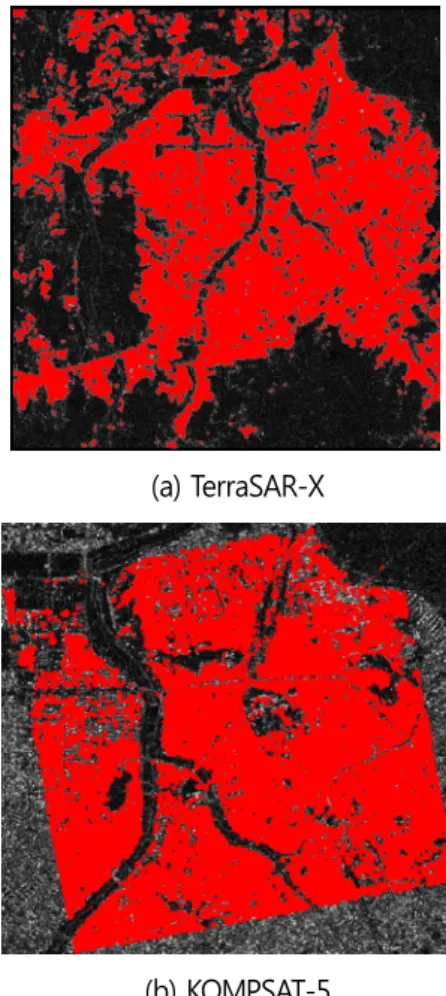 Figure  13.  Settlement area footprints derived from  object-oriented  classification 객체기반 영상분류의 정확도 평가를 위해서 픽셀기 반영상분류를 추가로 수행하였으며, 픽셀기반영상분 류방법으로는 무감독분류인 K-means 방법을 이용하 였고, 분류결과는 Figure 14와 같다