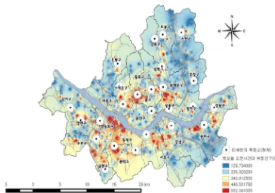 Figure 15. Interpolation map of the floating population  on Saturday during the morning rush hours (08~09h)  and  Distribution map of PM10  station in Seoul  (2015)