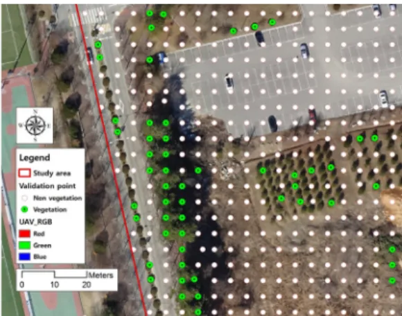 Figure 10. Zoom In to Overlay of UAV image and Validation Points 5m 간격으로 배치한 총 9,922개의 검정점을 이용하 여 NDVI와 SAVI 구간별 분포지역의 정확도를 평가하기 위해 검정점 포인트를 10㎝ 해상도의 그리드로 변환하여 NDVI와 SAVI 구간별 분포도와 중첩하였으며, 이 를 통해 식생지수 구간별 Kappa 계수를 Table 4 및 5와 같이 계산하였다.