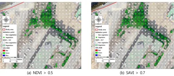 Figure 11. Overlay of Vegetation Area and Validation Points in ｢NDVI > 0.5｣  and ｢SAVI > 0.7｣