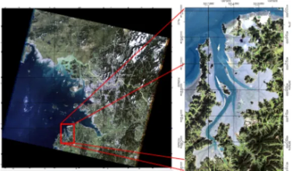 Figure 1. Research area of Garorim bay and satellite images of Landsat 2.2. 연구자료 연구 자료는 미국의 NASA와 USGS(미국 지질 조사 소)의 지구관측위성인 Landsat 위성영상이며, Path/ row(116-34)의 지역으로 Landsat 5 위성 12개 영상,  Landsat 7 위성 6개 영상, Landsat 8 위성 1개의 영상으 로 총 19개 영상을 Table 1과 같이 1988년
