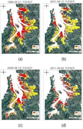 Figure 10. The Garorim tidal flat of spatial variation of  mud  and  sand.  (a)Sep.  1,  1996  (b)Sep