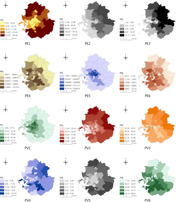 Figure 2. Spatial Distribution of Potential Impact Variables계를 활용하였다. 배수펌프장, 하수관거길이, 재정자립도는 재해의 대응력 부족을 대표하는 변수로서 선정하였다