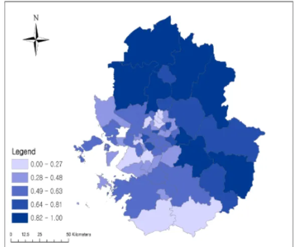 Figure 3. Risk Matrix Figure 4. Spatial Distribution of Heavy Rain Hazard여기서 H는 호우재해지수, P는 호우잠재영향지수,  은 변수의 가중치, ′ 은 변수를 표준화한 값이다.3.4