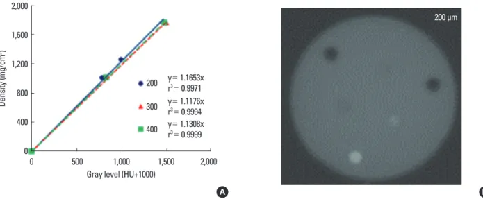 Fig. 4. (A) Strong positive correlations in the calibration curves of gray values for (B) phantoms of bone materials (hydroxyapatite) with 3 different  densities (1,000, 1,250, and 1,750 mg/cm 3 ) scanned using 3 different resolutions (200, 300, and 400 µm