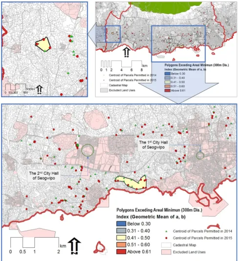 Figure 10. Closed-up view of the primary DIF zones in Seogwipo Urban Area selected by the Aggregation method on the 300m grids.