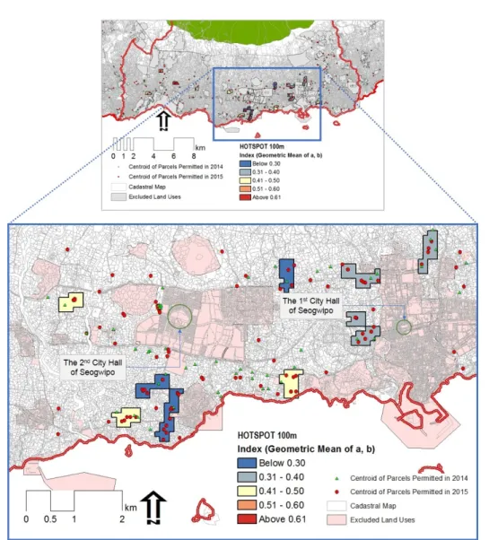 Figure 11. Closed-up view of the most dense primary DIF zones in Seogwipo Urban Area selected by the Hot Spot method on the 100m grids.
