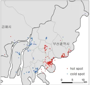 Figure  11.  Hot  spot  analysis  of  Tweet  data  by  time 부산시 지역의 시간별 트윗 데이터를 분석한 결과,  높은 값이 군집된 핫 스팟은 대연동, 서면, 해운대, 광 안동 등 주로 부산의 동쪽 지역에 분포하고 있으며, 낮 은 값이 군집된 콜드 스팟은 남포동, 감전동 등 주로  부산의 서쪽 지역에 분포하는 특징을 보이고 있다