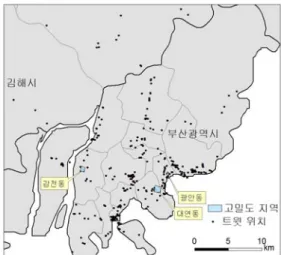 Figure  7.  Spatial  distribution  of  Tweet  data  at weekday day-time 4.2. 시간대별 트윗 데이터의 공간 분포   부산시 지역의 트윗 데이터를 대상으로  시간대별로 위치 정보를 지도화하고, 공간 분포 분석을 수행하였다