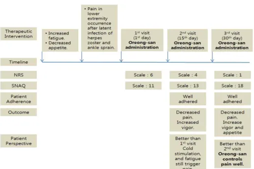 Figure 1. Timeline analysis of Case 1. 환자의 주소증, 현병력, 복약 경과 등을 요약하여 치료적 중재, 연대표, 치료 적 중재에 대한 순응도, 의사와 환자의  경과에  대한  평가  등의  항목을  도식화 하면 다음(Figure 1.)과 같다