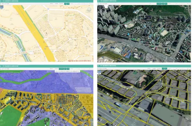Figure  5.  Visualizing 2D/3D  maps  and  overlaying  various  spatial  data 이터(도로명주소기본도)를  브이월드의  2D/3D  지도 와 중첩하여 표시하도록 하였다(Figure 5)