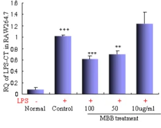 Fig.  1.  Inhibitory  effects  of  MBB  extract  on  IL-1β  mRNA  expression  in  RAW  264.7  cell  line