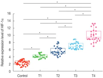 Figure 1. Expression of hypoxia-inducible factor 1 α (HIF-1α) mRNA in  serum of healthy controls and patients with different stages of breast  cancer